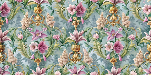 Vibrant floral wallpaper pattern with lush pink and gold accents.