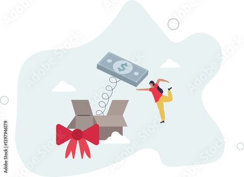 Surprise money or reward, bonus or salary raise, investment profit, dividend or high return stock, lucky giveaway or winning prize concept.flat character life .