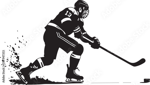  Ice Hockey Player with Stick and Puck Silhouette vector