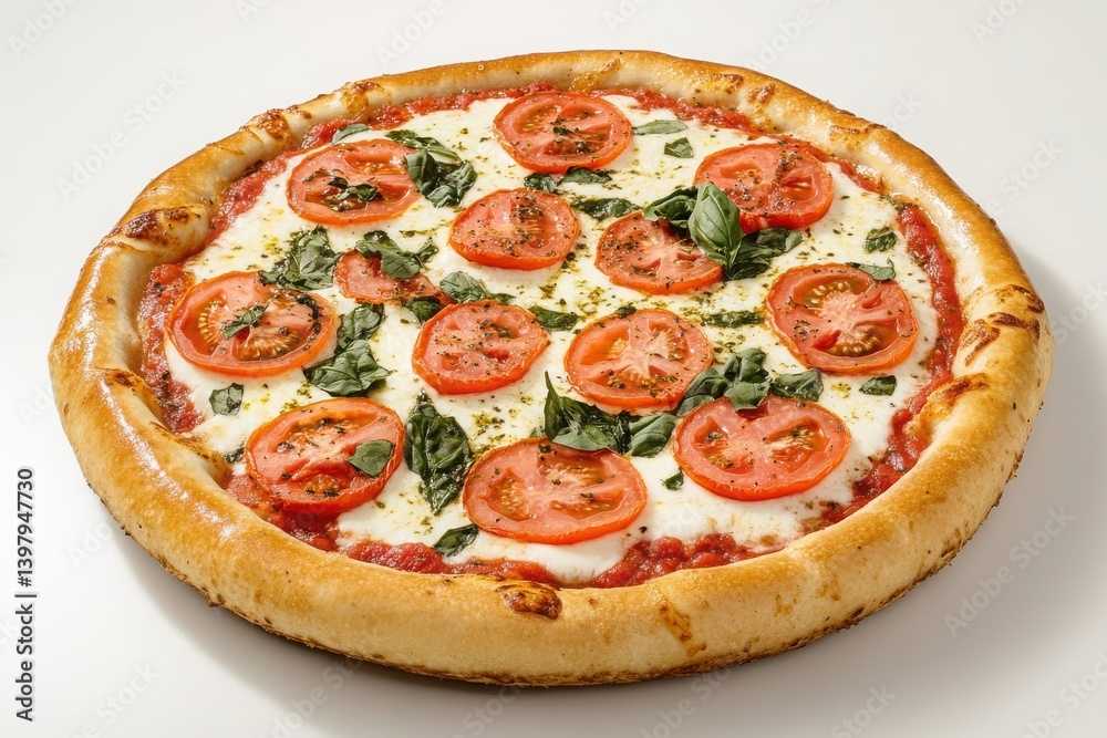 Fresh margherita pizza with tomato slices, mozzarella, and basil leaves on plate isolated on white background
Fresh margherita pizza with tomato slices, mozzarella, and basil leaves on plate isolated on white background