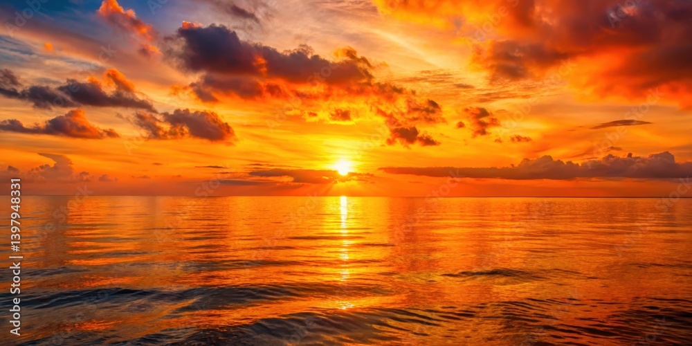 Fototapeta premium Vibrant orange sunset over a calm ocean, ocean, peaceful scene, ocean