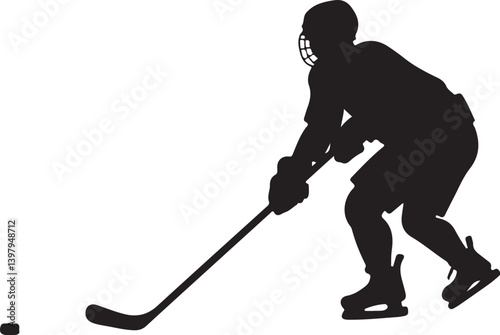 Ice Hockey Player with Stick and Puck Silhouette vector