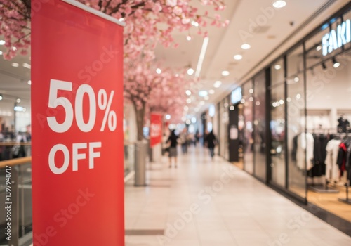 Wallpaper Mural Red sale banner with fifty percent off in a shopping mall with pink trees and blurred people walking by Torontodigital.ca