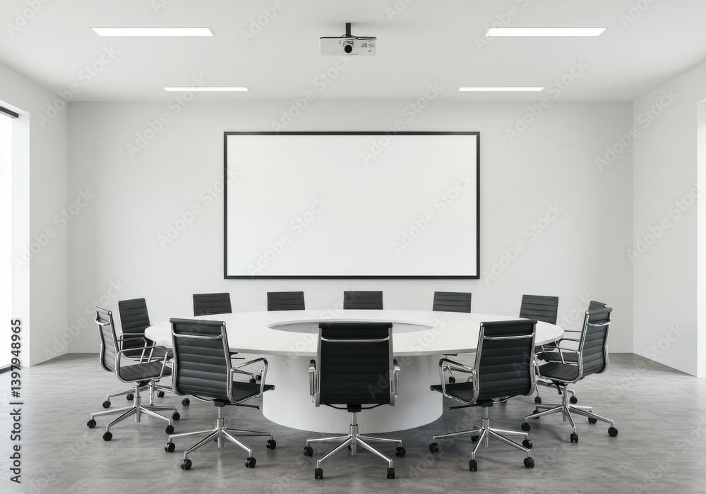 A conference room with a round table, black chairs, a projector and a blank screen on the wall A conference room with a round table, black chairs, a projector and a blank screen on the wall