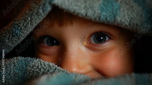 Boy covering face with blanket, eyes peeking, giggling