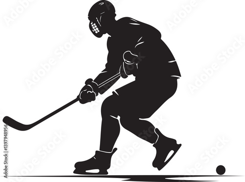  Ice Hockey Player with Stick and Puck Silhouette vector