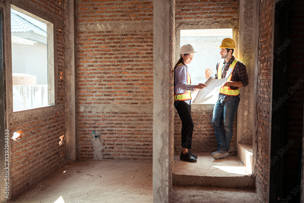 Fototapeta premium Architects and engineers work together to assess the residential home construction site's progress