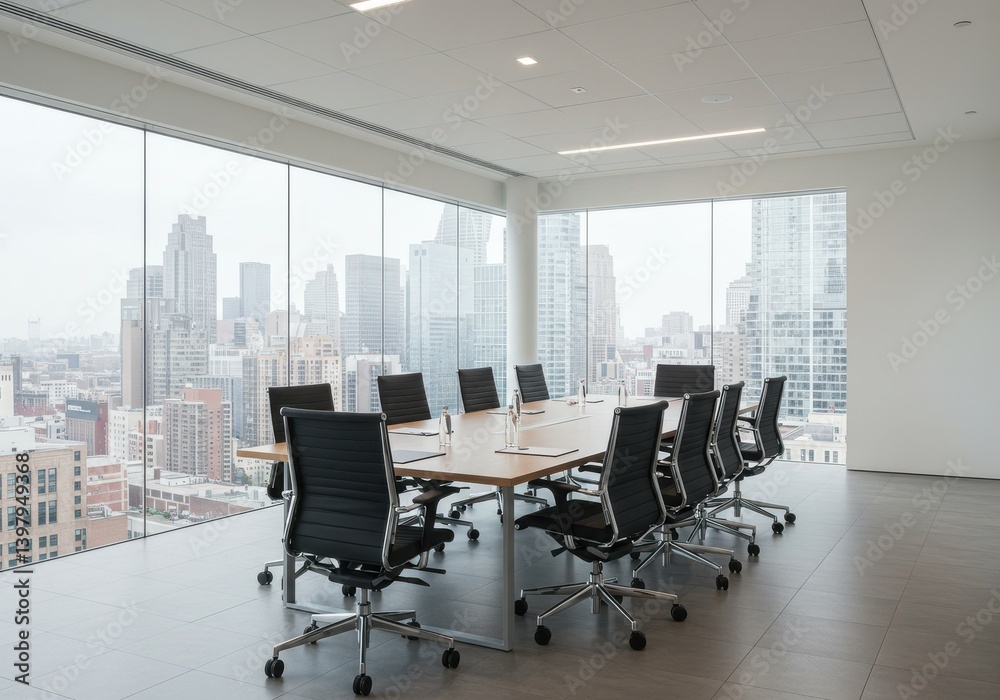 Conference room with large windows overlooking a city skyline and chairs around a table Conference room with large windows overlooking a city skyline and chairs around a table