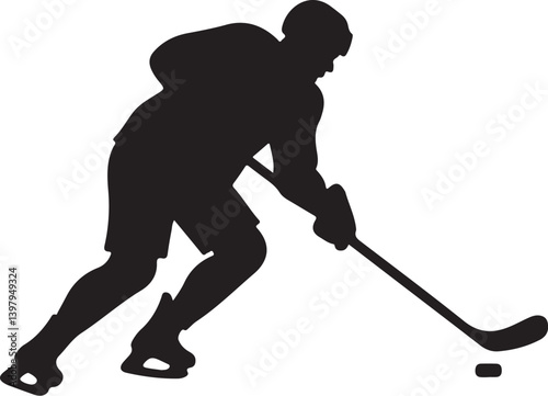  Ice Hockey Player with Stick and Puck Silhouette vector
