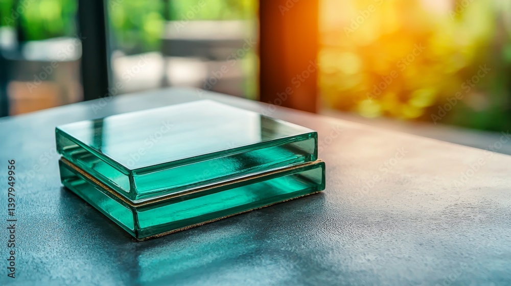 Stacked glass panels reflecting warm sunlight in a modern setting