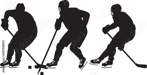  Ice Hockey Player with Stick and Puck Silhouette vector