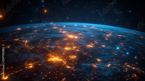 City lights sparkle below a star-filled night sky, revealing Earth's beauty from above. A tranquil, breathtaking view