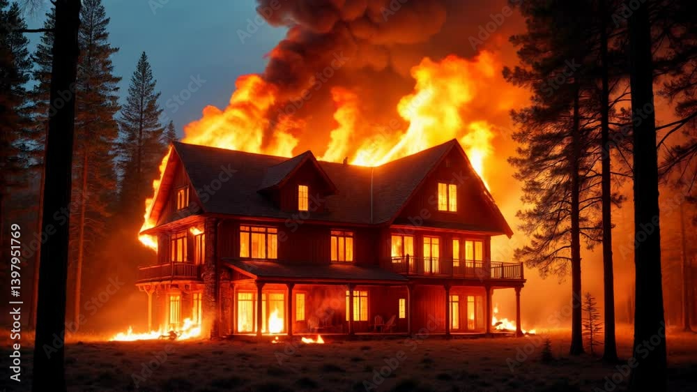 Fire engulfs a wooden house in a dense forest during the night, creating a dramatic scene Fire engulfs a wooden house in a dense forest during the night, creating a dramatic scene