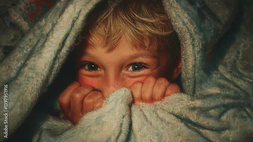 Boy covering face with blanket, eyes peeking, giggling