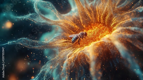 Abstract bee pollinating a vibrant, glowing flower.