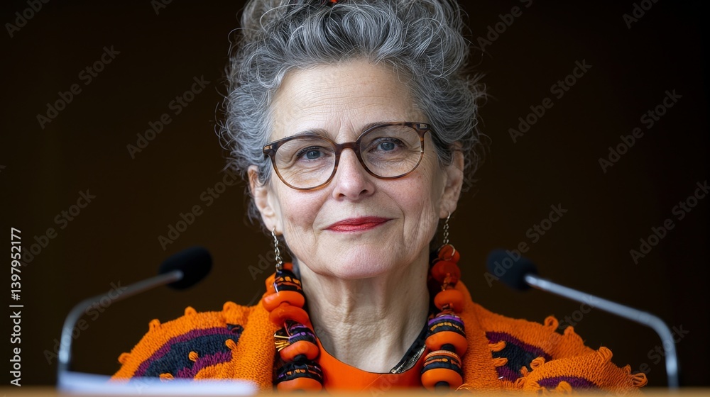 Confident woman with glasses and colorful accessories at a conference