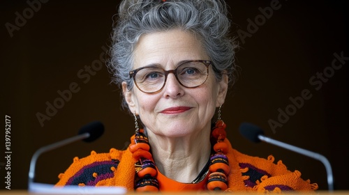 Obraz na płótnie Confident woman with glasses and colorful accessories at a conference w salonie