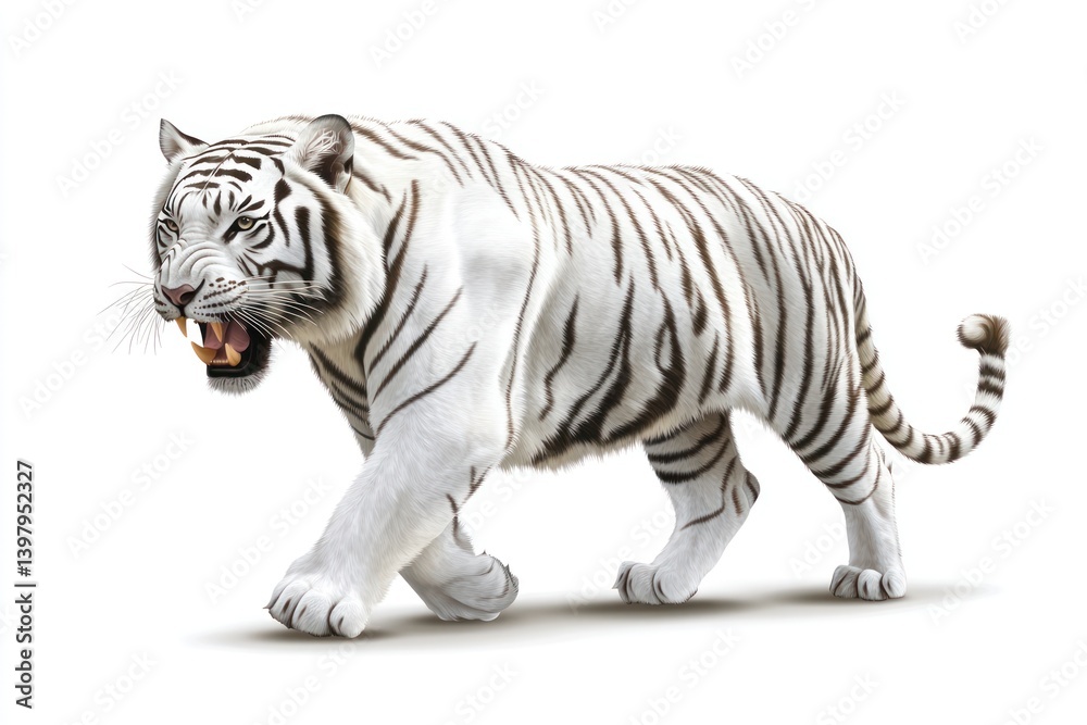 Fototapeta premium White tiger walking with mouth open on a white background for animal education
