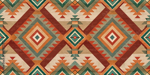 Abstract geometric pattern with rich colors and tribal motifs.