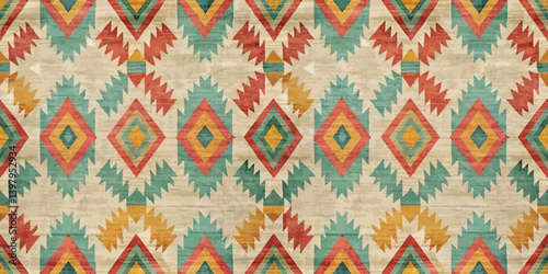 Colorful geometric pattern featuring vibrant diamonds and zigzags.