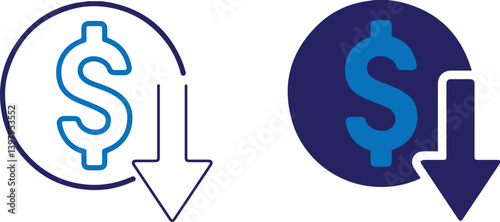 Dollar sign, downward arrow, financial decline, currency symbol, blue and white icon, circular emblem, economic downturn