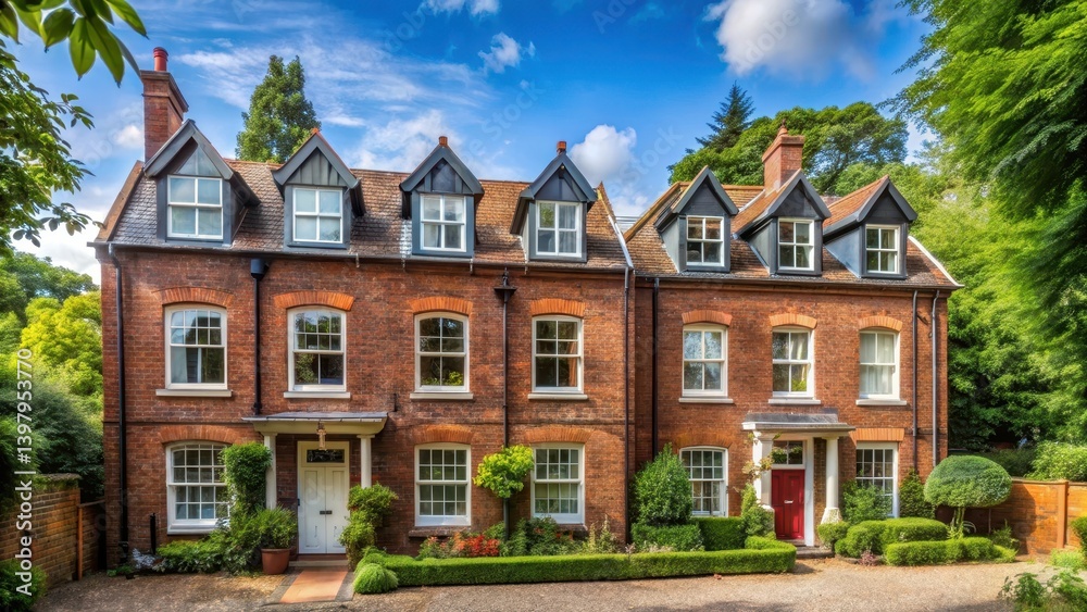 A two-story townhouse with a red brick facade and a pitched roof, surrounded by tall trees and a leafy green garden, townhouses in Norwich, architecture A two-story townhouse with a red brick facade and a pitched roof, surrounded by tall trees and a leafy green garden, townhouses in Norwich, architecture