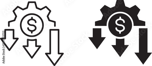 Black and white icons, financial symbols, dollar sign inside gear, downward arrows, cost reduction concept, simplified graphics