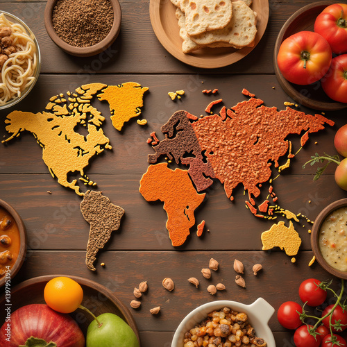 creative food map of world made from various ingredients, showcasing colorful representation of continents with bowls of fresh produce and grains