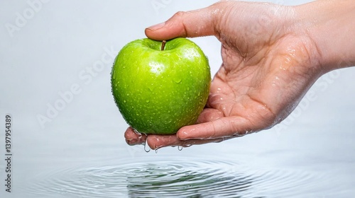 Fresh green apple held above water with droplets, creating ripples
