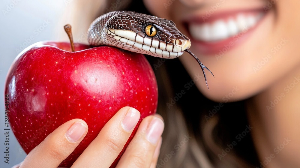 A woman holds a red apple with a snake coiled around it, smiling