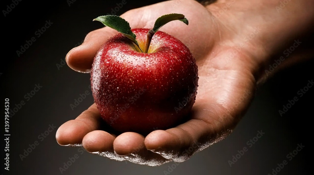 A fresh red apple held in a hand with water droplets