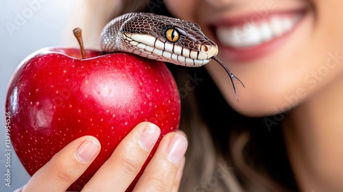 Obraz na płótnie A woman holds a red apple with a snake coiled around it, smiling w salonie