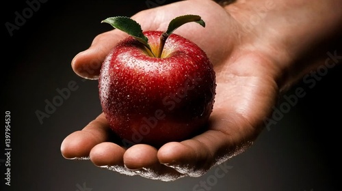 Obraz na płótnie A fresh red apple held in a hand with water droplets w salonie