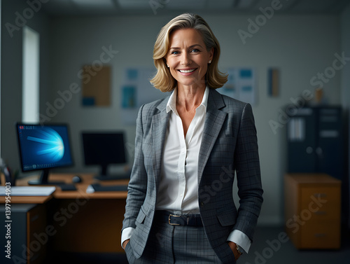 Happy elegant older mature lady posing for portrait standing in office. Beautiful middle aged business woman looking at camera, smiling 45 years old businesswoman leader executive at work.