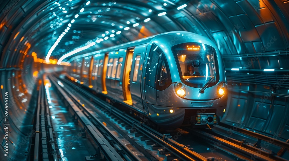 Fototapeta premium Futuristic Subway Train: A Sleek Metro Vehicle Gliding Through a Vibrant Tunnel with Blue Lighting