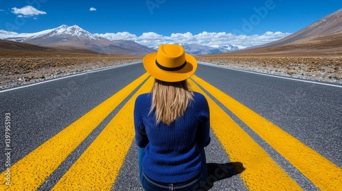 Woman in a yellow hat sitting on a road with mountains in the background