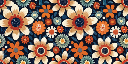 Colorful floral pattern featuring vibrant flowers on a dark background.