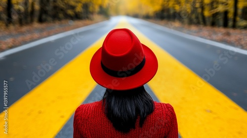 A woman in a red hat stands on a yellow-striped road surrounded by autumn trees