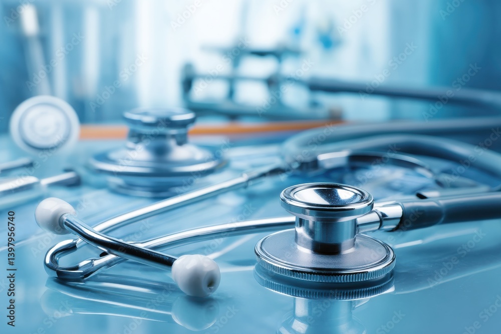 Close-up of medical stethoscopes on a reflective surface. Close-up of medical stethoscopes on a reflective surface.