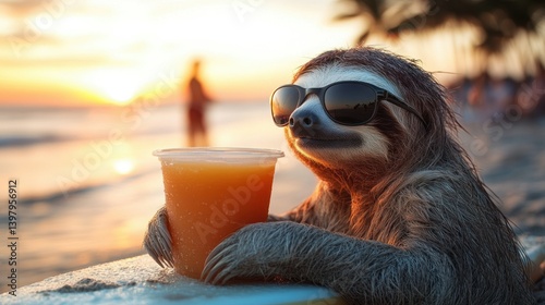 Obraz na płótnie Sloth with drink on beach at sunset w salonie