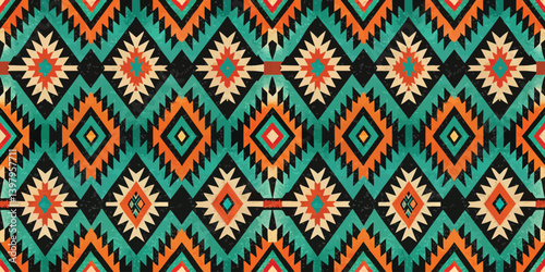 Vibrant geometric pattern featuring bold colors and tribal motifs.