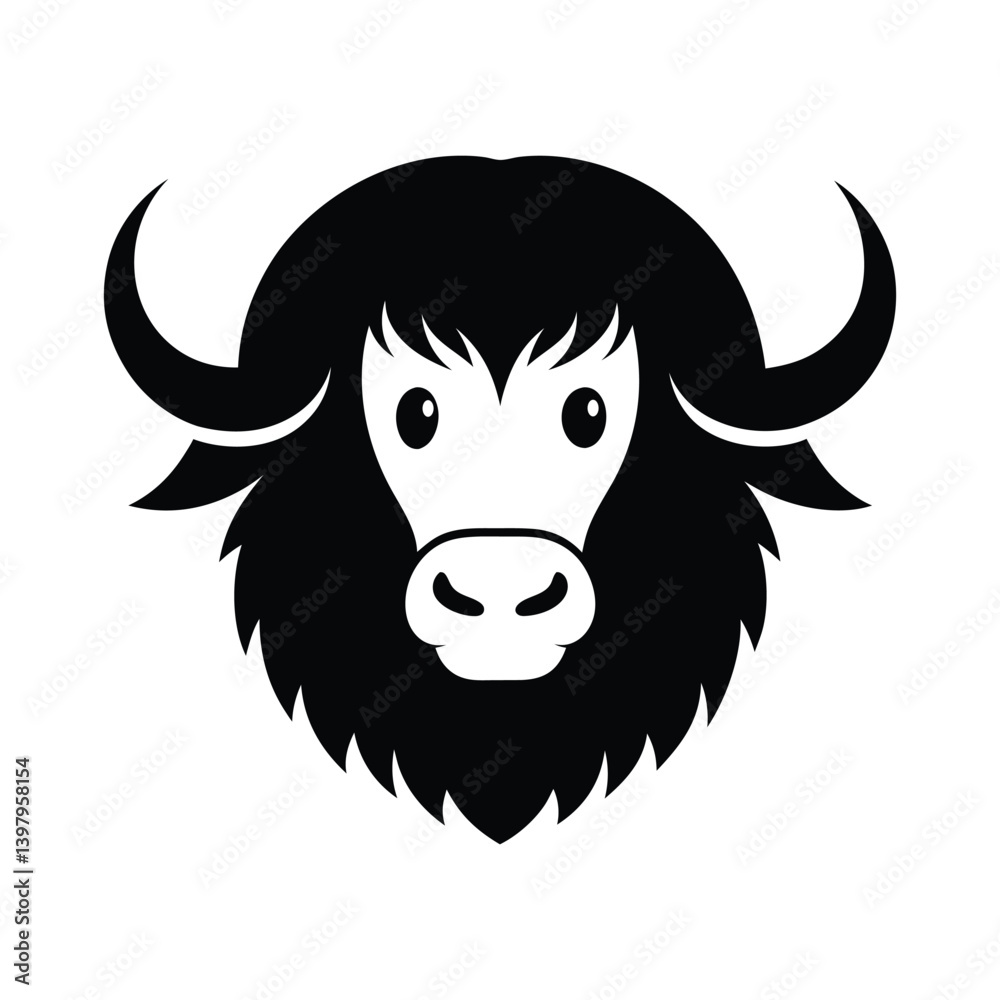Black and white musk ox head with thick horns.eps Black and white musk ox head with thick horns.eps