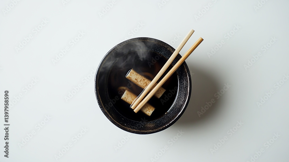 Photo of tofu udon soup in a bowl on a white background, top view with copy space concept Photo of tofu udon soup in a bowl on a white background, top view with copy space concept