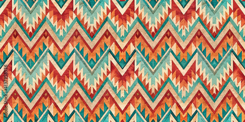 Vibrant geometric pattern with colorful chevrons and zigzags in warm tones.