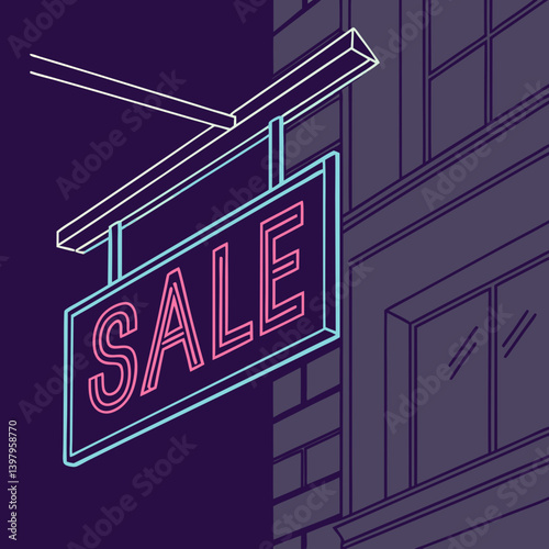 Glowing neon SALE banner on a dark building background, ideal for trendy retail campaigns or evening shopping promotions