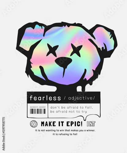 bear doll head graphic illustration on holographic print background 