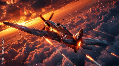 Obraz na płótnie Spitfire fighter plane in dramatic sunset battle.