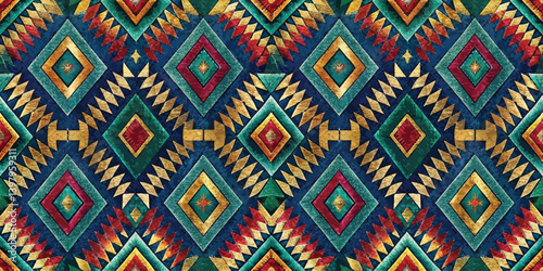Colorful geometric pattern with diamonds and triangles in rich hues.