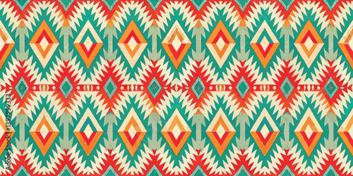 Colorful geometric pattern featuring vibrant red, orange, and green shapes.
