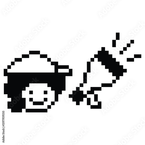 Cute pixel cartoon character woman with megaphone announcement speaker information announce decoration 8 bit female girl lady megaphone cartoon pixel game png vector.